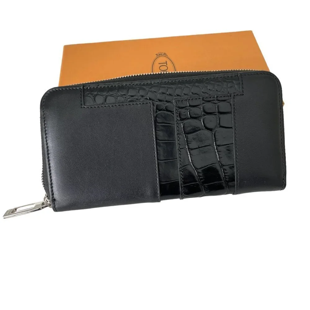 Tod's Italy Croc-embossed Black Leather‎ Zip Wallet, XAMTTA0400M51B999